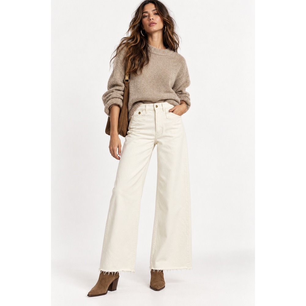 H&M Womens High Waist Wide Leg Ankle Jeans Off White Raw Hem Size 6 NWT